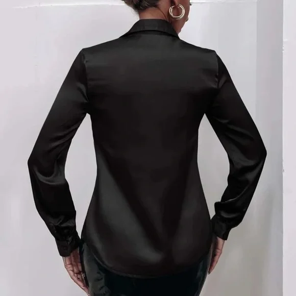 Satin silky button up down shirt sexy business professional casual holiday - Picture 13 of 15